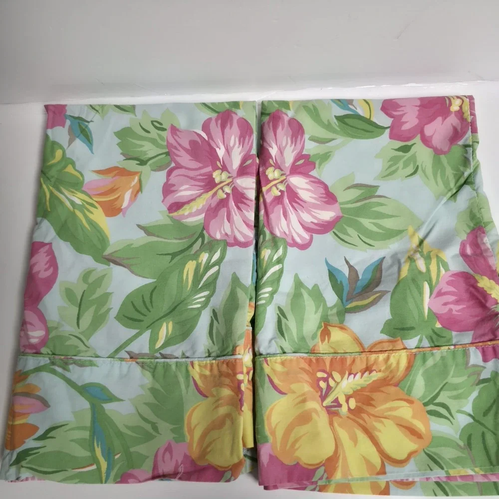VTG Ralph Lauren Sandy Lane Tropical Hibiscus Pillowcase Pair Blue Pink Standard